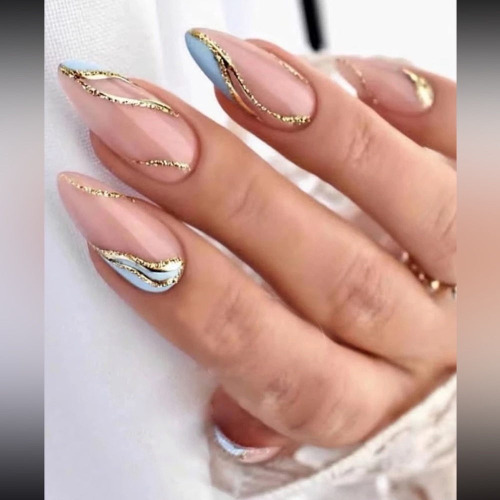 24pcs Long Almond Golden Line Glitter Print Press On Nail Set❤️
